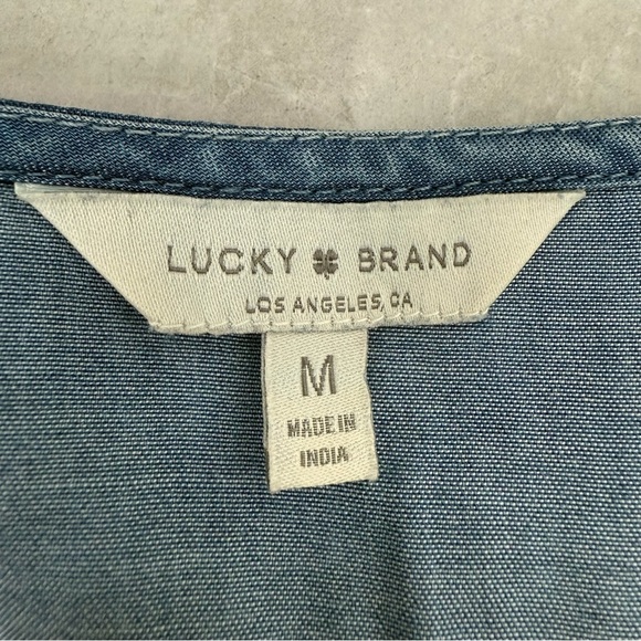 Women’s Lucky Brand Chambray Denim Lace Up Short Sleeve V-Neck Dress Medium - Picture 12 of 16